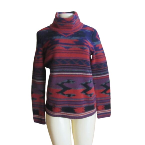 Lauren Ralph Lauren Turtleneck Sweater Medium Lambswool Multicolor Geometric Pat - Picture 1 of 6